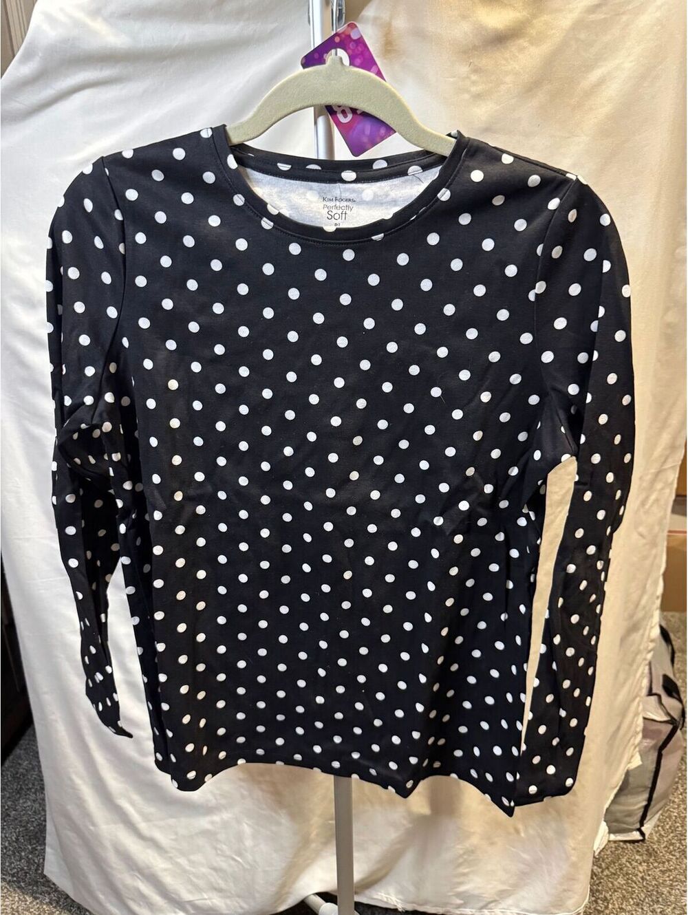 028 Kim Rogers Perfectly Soft Black and White Polka Dot Long Sleeve Shirt Size S